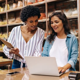 Business owner and employee looking at laptop