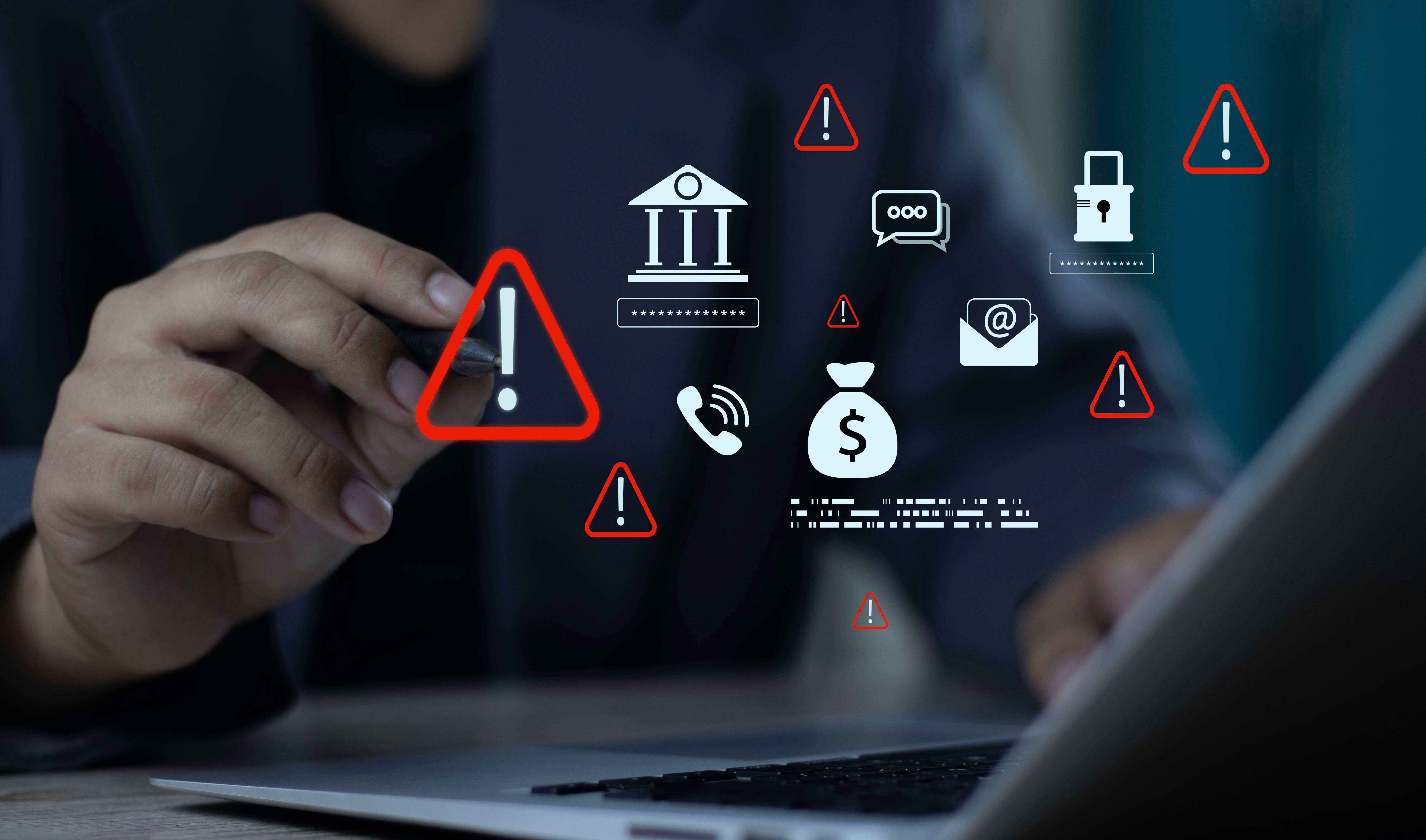 Digital icons of a bank, money, email, and digital communications with an alert symbol.