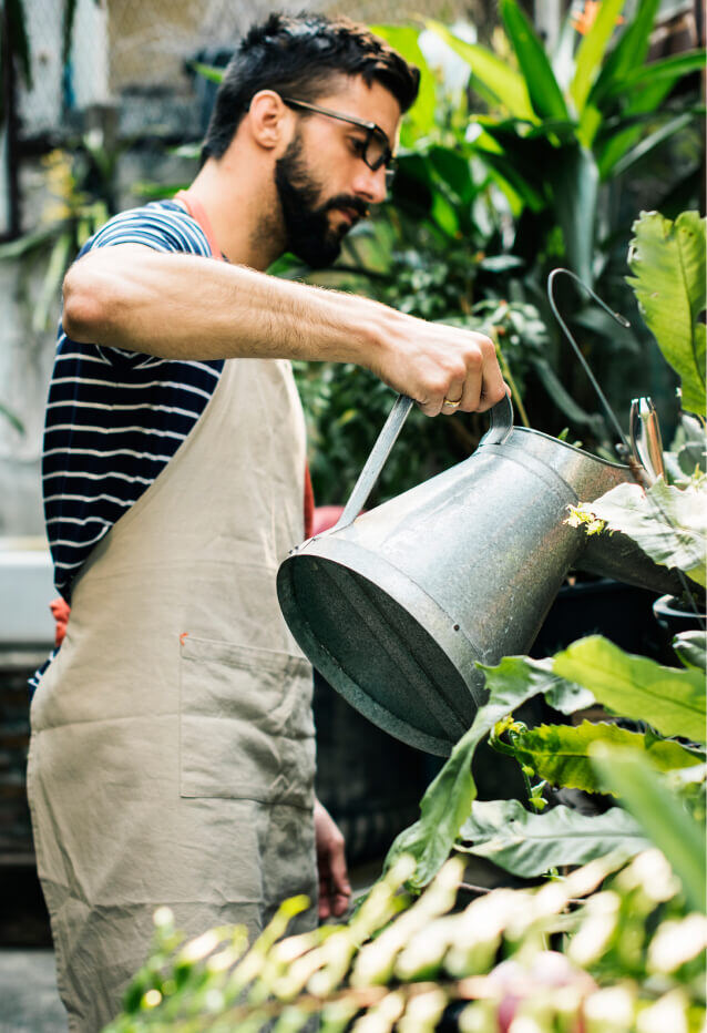Person wearing an apron watering plants